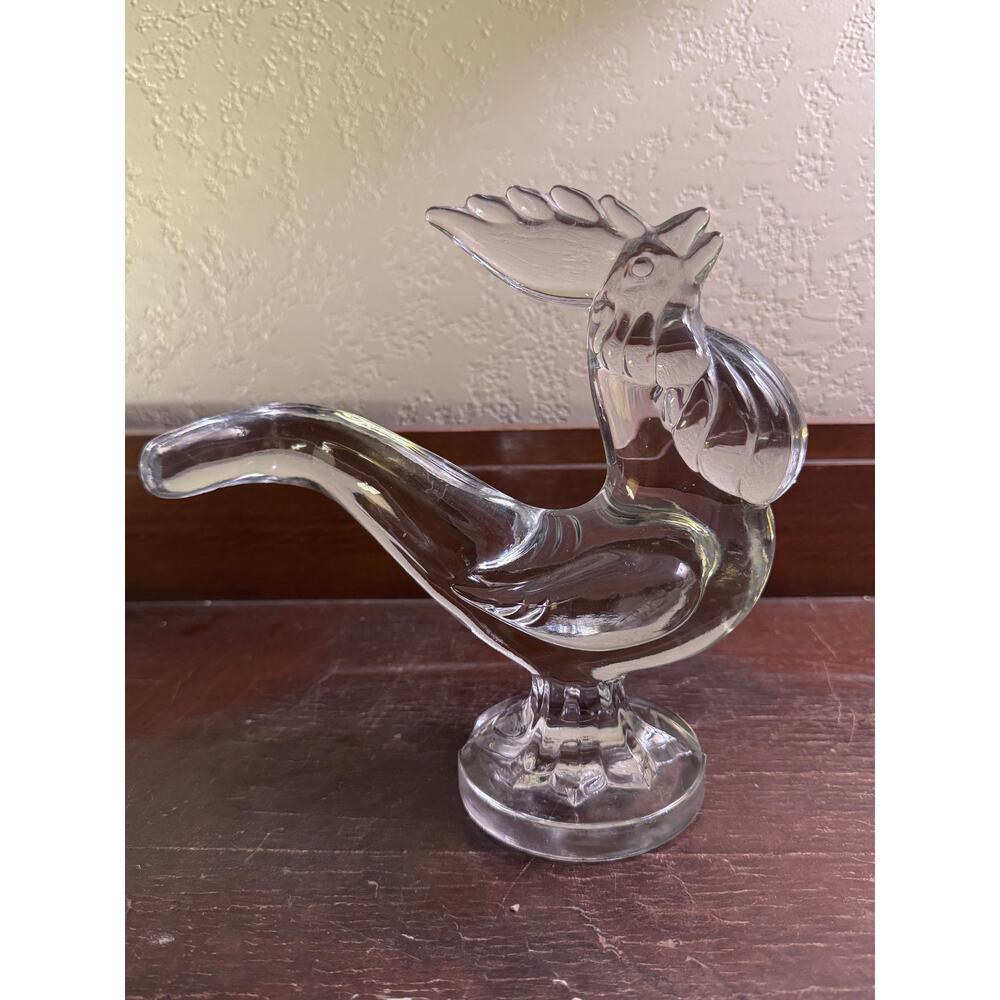Vintage Clear Pressed Glass Rooster Figurine 8” Tall Round Base Chip on Rim